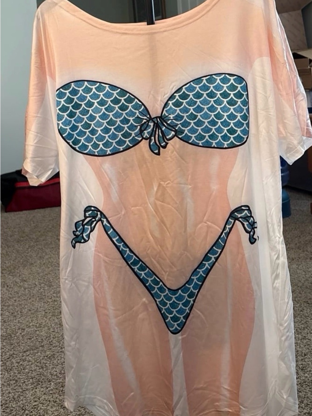 Novelty Bikini Print Cover-Up Tunic in Peach and Teal